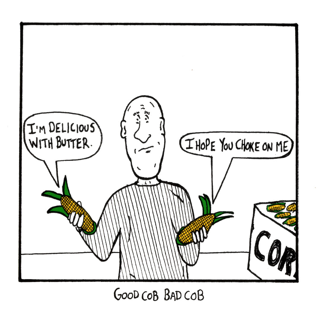 Good Cob Bad Cob funny occasion greeting card front design by comedian Stewart Francis