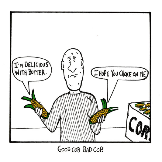 Good Cob Bad Cob funny occasion greeting card front design by comedian Stewart Francis